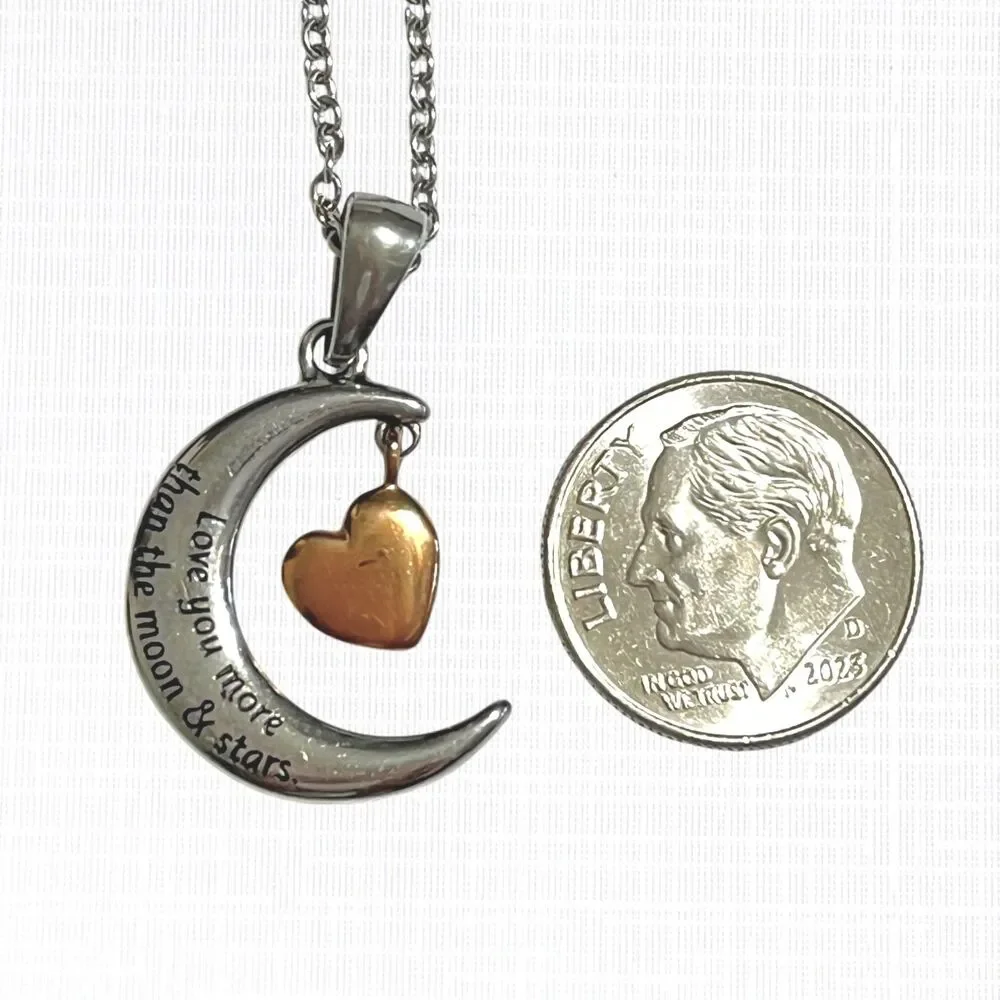 Moon Dangle Heart Pendant Necklace Love You More Stainless Steel Silver Tone 20